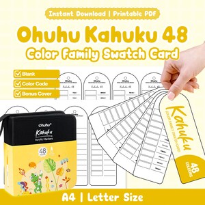 以下が含まれることがあります： Ohuhu Kahuku 48色カラーファミリー見本カードの印刷用PDF。空白のテンプレート、カラーコード、ボーナスカバーが含まれています。セットには、48本のアクリルマーカー用ブラック＆イエローのキャリングケースと、アーチ型の見本タグが複数含まれています。