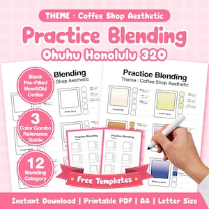 Può includere: PDF stampabile rosa e bianco con il testo "Practice Blending" e il tema "Coffee Shop Aesthetic". Include guide di combinazione colori, categorie di miscelazione e modelli gratuiti. Formato A4 e Letter.