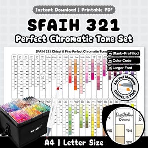 Juego de marcadores de alcohol SFAIH 321 con tonos cromáticos perfectos / Fuente más grande / En blanco + Precargado / Código de color / Punta biselada y fina A4