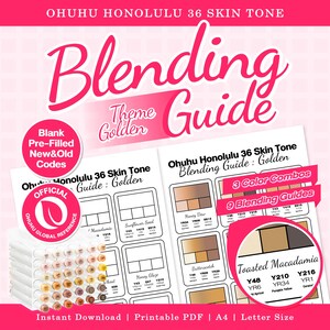 Guía de mezcla de tonos de piel Ohuhu Honolulu 36, hoja de práctica de tonos dorados / PDF imprimible / En blanco + prellenado / Códigos nuevos + antiguos / Carta A4