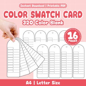 Może przedstawiać: Zestaw pustych kart wzorników kolorów, trzymanych w dłoni. Karty są białe z prostokątnym wzorem i otworem u góry. Tekst "COLOR SWATCH CARD" i "320 Color Blank" jest wyświetlany na różowo. Obraz pokazuje również "A4 | Letter Size".