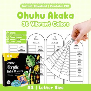 May include: A set of Ohuhu Acrylic Paint Markers with 36 vibrant colours, displayed with colour swatch cards. The box is black and yellow, with a tropical design. The cards are held by a hand and show colour names and codes.