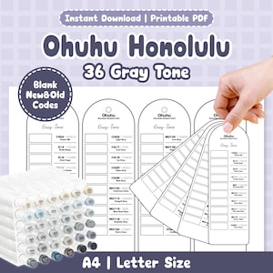 May include: A printable PDF featuring Ohuhu Honolulu 36 Gray Tone markers. The image shows a hand holding a color swatch card with various gray shades. The set includes a collection of markers and a chart for color matching. The text reads "Instant Download | Printable PDF".