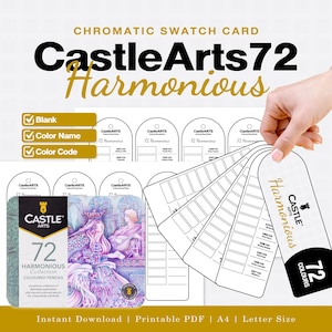May include: A printable chromatic swatch card set for Castle Arts 72 Harmonious colored pencils. The digital file includes blank templates with spaces for color names and codes, featuring a branded cover with a fantasy illustration and text.