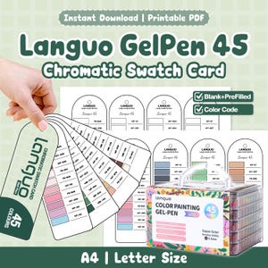 Op de afbeelding: Een printbare Languo GelPen 45 chromatische kleurstaalkaartenset in A4- en letterformaat. De set bevat een waaier-stijl staalkaart met kleurcodes, lege en vooraf ingevulde sjablonen, en een doos met 45 gelpennen voor kleurgebruik.