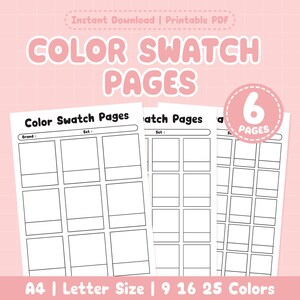 May include: White color swatch pages with a pink background. The pages have a grid of squares for color testing. Text on the pages reads "Color Swatch Pages", "Brand", and "Set". The image also includes the text "Instant Download | Printable PDF" and "A4 | Letter Size | 9 16 25 Colors".