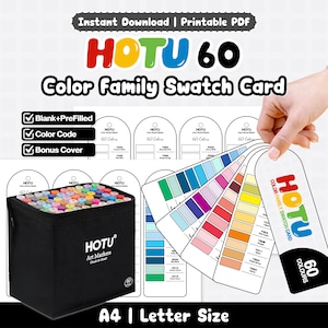 May include: A digital product featuring a 60-colour family swatch card for markers. Includes a black carrying case filled with colourful markers, printable PDF templates with blank and pre-filled options, colour codes, and a bonus cover page.