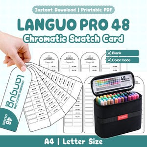 Op de afbeelding: Een Languo Pro 48 chromatische kleurstaalkaartset met een printbare PDF met lege sjablonen en kleurcodes. De set bevat een waaier-stijl staalkaart met alfanumerieke labels en een zwarte etui gevuld met 48 gekleurde markers.