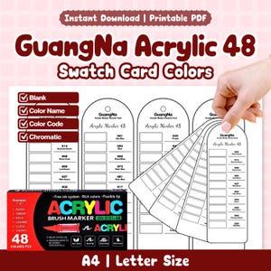 May include: A printable PDF featuring GuangNa Acrylic 48 swatch card colours. The image shows a set of colour swatch cards with colour names and codes, along with a box of acrylic brush markers. The text on the box reads "ACRYLIC BRUSH MARKER GN.8101-48".