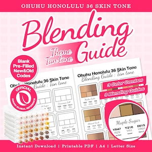 Puede incluir: Guía de mezcla Ohuhu Honolulu 36 Skin Tone para tonos bronceados. Este PDF imprimible incluye códigos nuevos y antiguos prellenados, 3 combinaciones de colores y 9 guías de mezcla. Incluye un círculo de referencia oficial Ohuhu y marcadores.