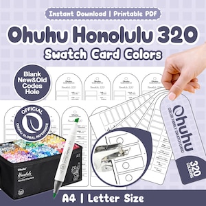 May include: A set of printable Ohuhu Honolulu 320 swatch cards for alcohol markers. The cards feature blank spaces for color codes and a hole for binding. Includes a black carrying case for markers, a green-tipped marker, and a hole punch tool.