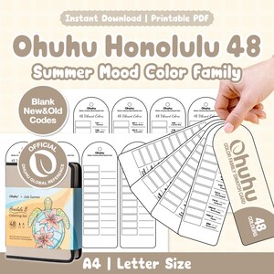 Op de afbeelding: Een printbare PDF-set voor Ohuhu Honolulu 48 Summer Mood markers, inclusief een kleursetdoos met een schildpadillustratie, blanco kleurstaalkaarten met kleurcodes en een waaier-stijl kleurfamilie-staalkaart met 48 kleuren in A4-formaat.