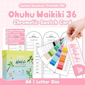 May include: Ohuhu Waikiki 36 Chromatic Swatch Card printable PDF featuring a set of blank and pre-filled color tracking templates. The set includes a box for 36 acrylic markers with palm tree graphics and a fan of color swatches in various hues.