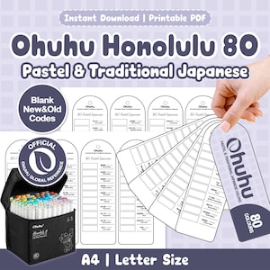 Ohuhu Honolulu 80 Pastel + Traditional Japanese Swatch Card | Printable PDF | Blank | New + Old Codes | Ring Binder | A4 Letter Size