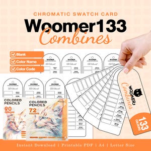 Op de afbeelding: Een Woomer133 Combines chromatische kleurenkaart als printbare PDF met boogvormige labels voor kleurnamen en codes. Bevat twee dozen kleurpotloden met kattenillustraties, 90 en 72 kleuren, en een waaier van kleurstaalkaarten.