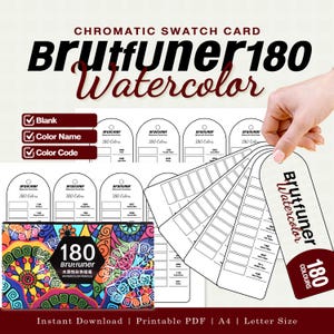 Könnte beinhalten: Ein digitaler Download für eine chromatische Farbmusterkarte für 180 Brutfuner Aquarellstifte. Das Set enthält druckbare PDF-Vorlagen in A4- und Letter-Größe mit leeren Feldern für Farbnamen und Farbcodes sowie eine bunte 180er-Stiftebox.