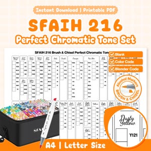 Juego de marcadores de alcohol SFAIH 216 Perfect Chromatic Tone / Plantilla imprimible en blanco, código de color + difuminador / Pincel y cincel / Descarga en PDF tamaño carta A4