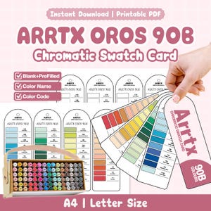 Arrtx Oros 90B chromatische staalkaart | Afdrukbare pdf | Blanco + voorgevuld | Kleurnaam + code | Ringband | A4 + Letter | Markeringen