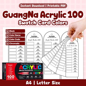 May include: A set of acrylic brush marker swatch cards with the text "GuangNa Acrylic 100 Swatch Card Colors." The cards are being held by a hand and display various colour swatches. A box of acrylic markers is also visible.