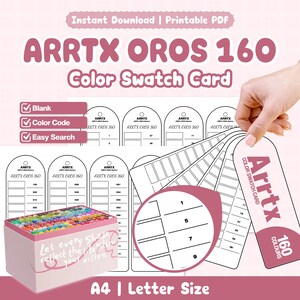 May include: A printable Arrtx Oros 160 colour swatch card set featuring blank templates for markers. The design includes a box of markers, numbered grid sections for colour coding, and the text Arrtx Oros 160 Colour Swatch Card, A4, Letter Size.