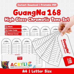 May include: A GuangNa 168 High Gloss Chromatic Tone Set printable PDF featuring a white box with colorful graphic accents, multiple arched swatch cards with series names like Marine Blue and Purple Lotus, and text including Instant Download.