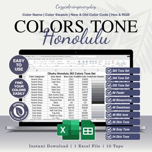 May include: A digital spreadsheet displayed on a laptop screen titled Ohuhu Honolulu 363 Colors Tone Set. The document lists color categories, names, and codes. To the left are circular badges, and to the right are rectangular buttons for various sets.