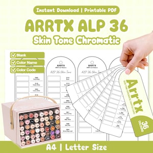 May include: A printable PDF set for Arrtx ALP 36 skin tone markers, featuring a box of markers and swatch cards. The text reads Instant Download, Printable PDF, Arrtx ALP 36 Skin Tone Chromatic, Blank, Color Name, Color Code, and A4 Letter Size.
