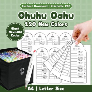 Peut inclure: Un étui noir rempli de marqueurs d'art Ohuhu, un marqueur blanc et des nuanciers. L'image comprend le texte "Ohuhu Oahu 120 New Colors" et "Instant Download | Printable PDF". Les nuanciers sont au format A4 | Letter Size.