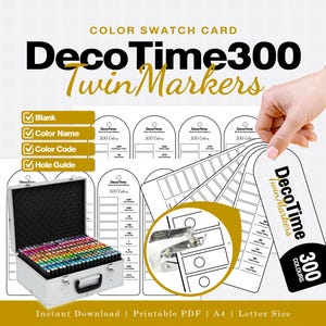 Puede incluir: Un conjunto de tarjetas de muestra de color imprimibles para marcadores DecoTime 300 Twin, con plantillas en blanco para nombres de color, códigos y guías de perforación. Incluye un maletín plateado lleno de marcadores y una herramienta perforadora.