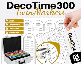 Op de afbeelding: Een printbare kleurenstaalkaartset voor DecoTime 300 Twin Markers, met lege sjablonen voor kleurnamen, kleurcodes en perforatiegidsen. De set bevat een zilveren koffer gevuld met markers en een illustratie van een perforator voor de kaarten.