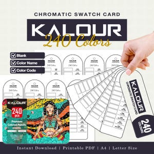 Op de afbeelding: Een digitale kleurstalenkaartset voor 240 Kalour kleurpotloden, met printbare PDF-sjablonen in A4- en Letter-formaat. Het ontwerp bevat lege vakken, kleur- en codenamen op boogvormige labels met het Kalour-merklogo en bijbehorende tekst.