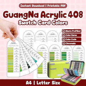 May include: A collection of GuangNa Acrylic 408 swatch cards in various shades of green, with color names and codes. The image also shows a lime green carrying case and a set of markers. The text on the image says "Instant Download | Printable PDF".