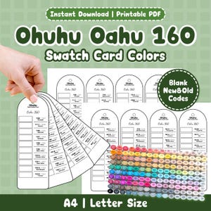 Peut inclure: Un PDF imprimable présentant les couleurs des cartes d'échantillons Ohuhu Oahu 160. La conception comprend une main tenant un éventail de cartes d'échantillons de couleurs, une collection de marqueurs de couleur et le texte "Instant Download | Printable PDF". Les cartes sont au format A4/Letter.