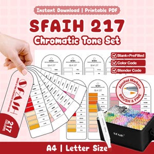 Tarjeta de muestras cromáticas de marcadores de alcohol SFAIH 217 / En blanco + Prellenada / Código de color + difuminador / Pincel y punta fina / PDF tamaño carta A4