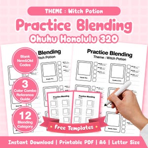 Könnte beinhalten: Druckbare PDF-Übungsblätter zum Mischen mit dem Thema "Hexen-Trank". Enthält Farbkombinationsführer, leere Codes und kostenlose Vorlagen. Der Text "Practice Blending" und "Ohuhu Honolulu 320" wird in Pink angezeigt.