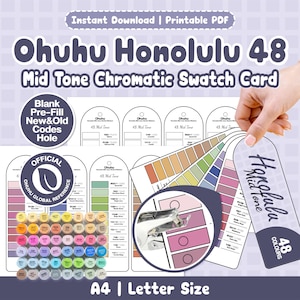 Könnte beinhalten: Eine druckbare Ohuhu Honolulu 48 Mid Tone Farbmusterkarte als PDF für Alkoholmarker. Das Set enthält leere Vorlagen, Farbcodes, eine Anleitung zum Lochen und eine fächerartige Darstellung der Farbfelder auf einem A4-Blatt.