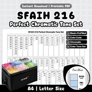May include: A digital printable PDF chart titled SFAIH 216 Perfect Chromatic Tone Set, featuring a black storage case filled with numerous coloured markers. The chart includes columns for various colour codes, categories, and a zoomed-in detail view.