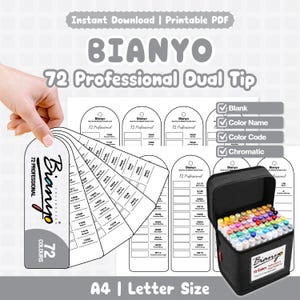 May include: A set of 72 dual-tip professional markers by Bianyo, displayed with color swatches and a carrying case. The image includes the text "Instant Download | Printable PDF" and "A4 | Letter Size."