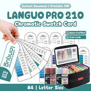 May include: A Languo Pro 210 chromatic swatch card printable PDF set featuring blank and pre-filled color code templates. The set includes a fan-style swatch card, a 192-color reference chart, and two 9-piece acrylic marker sets in a black case.