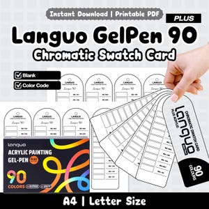 以下が含まれることがあります： 印刷可能なLanguo GelPen 90クロマチックカラーチャートセット。空白のテンプレートとカラーコード表が含まれています。セットには「Acrylic Painting Gel-Pen 90 Colors」とラベル付けされた黒い箱と、テキストと空のボックスが印刷された複数の白いアーチ型のカードが含まれています。
