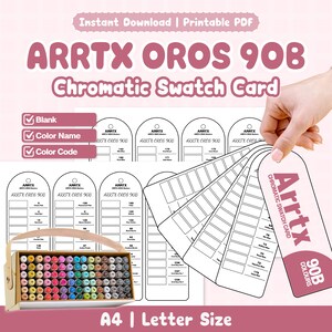 May include: A printable Arrtx Oros 90B chromatic swatch card set featuring blank templates for color names and codes. The design includes multiple arched tags with the Arrtx logo, alongside a box of 90 colorful markers in a cardboard case.