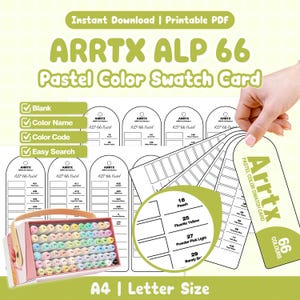 May include: A printable PDF Arrtx ALP 66 pastel color swatch card featuring blank templates for color names and codes. The design includes arched labels, a grid layout for 66 colors, and text reading Instant Download, Arrtx ALP 66, and A4 Letter Size.