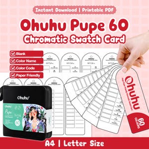Può includere: Un set di cartelle colori cromatiche Ohuhu Pupe 60 stampabili con modelli vuoti per nomi e codici colore. Include una custodia nera per 60 pennarelli con un'etichetta illustrata. Il design è adatto per carta formato A4 e Letter.