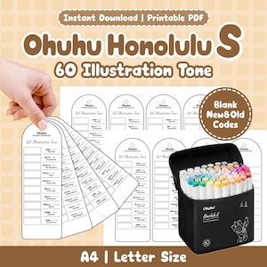 May include: A black case containing 60 alcohol markers, alongside colour swatch cards, and the text "Ohuhu Honolulu S 60 Illustration Tone." The cards are labelled with colour codes and names. The image also includes the text "Instant Download | Printable PDF" and "A4 | Letter Size."
