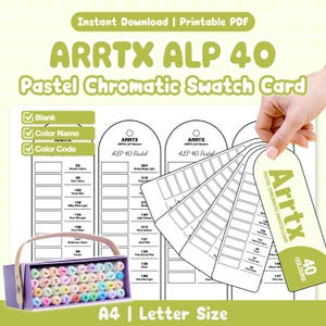 May include: A printable Arrtx ALP 40 Pastel Chromatic Swatch Card set featuring blank rectangular spaces for color testing, color names, and color codes. The set includes a purple carrying case filled with pastel markers and several paper tags.
