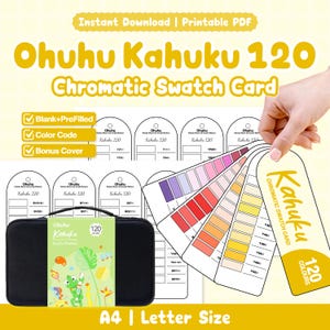 Op de afbeelding: Een printbare Ohuhu Kahuku 120 chromatische kleurstaalkaartenset met lege en vooraf ingevulde sjablonen, kleurcodes en een bonusomslag. Inclusief een zwarte etui voor 120 acrylstiften en kleurstaalvellen in A4- en Letter-formaat.