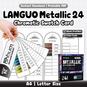 Op de afbeelding: Een printbare LANGUO Metallic 24 chromatische kleurstaalkaart in A4- en letterformaat voor acrylstiften. De set bevat een waaier met kleurcodes, lege sjablonen en een zwarte doos met het label Metallic Acrylic Marker 24 Colors.