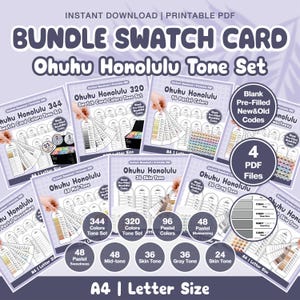 May include: A bundle of printable PDF swatch cards for Ohuhu Honolulu Tone Sets. The image shows several cards with colour swatches, including 344 colours, 320 colours, 96 pastels, and 36 skin tones. The cards are A4 letter size.