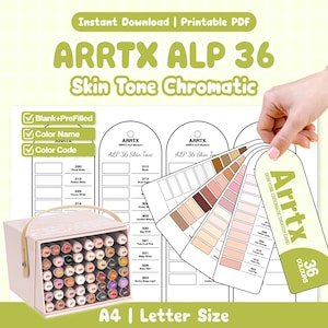 以下が含まれることがあります： Arrtx ALP 36 Skin Tone Chromaticマーカー用の印刷可能なPDFセット。36本のマーカーが入った収納ボックス、色名とコードが記載されたカラーチャート、空白のテンプレートが含まれています。テキストには、Instant Download, Printable PDF, Arrtx ALP 36, Skin Tone Chromatic, Blank+PreFilled, Color Name, Color Code, A4, Letter Sizeと書かれています。