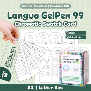 以下が含まれることがあります： A4およびレターサイズの印刷可能なLanguo GelPen 99色見本カードセット。カラーコード付きの扇形見本カード、空白のテンプレート、および「Color Painting Gel-Pen Professional Edition」とラベル付けされた99本のゲルペンが入った箱が含まれています。